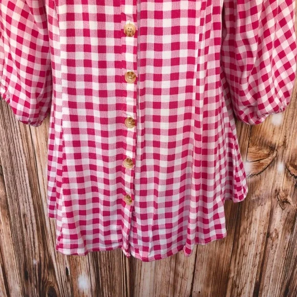 Torrid Fit & Flare Rayon Slub Button Up 3/4 Sleeve Pink Gingham Top - Picture 12 of 14